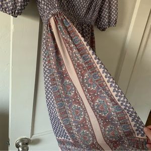 Vintage 70s paisley mix print pleated blouse puff sleeve dress
